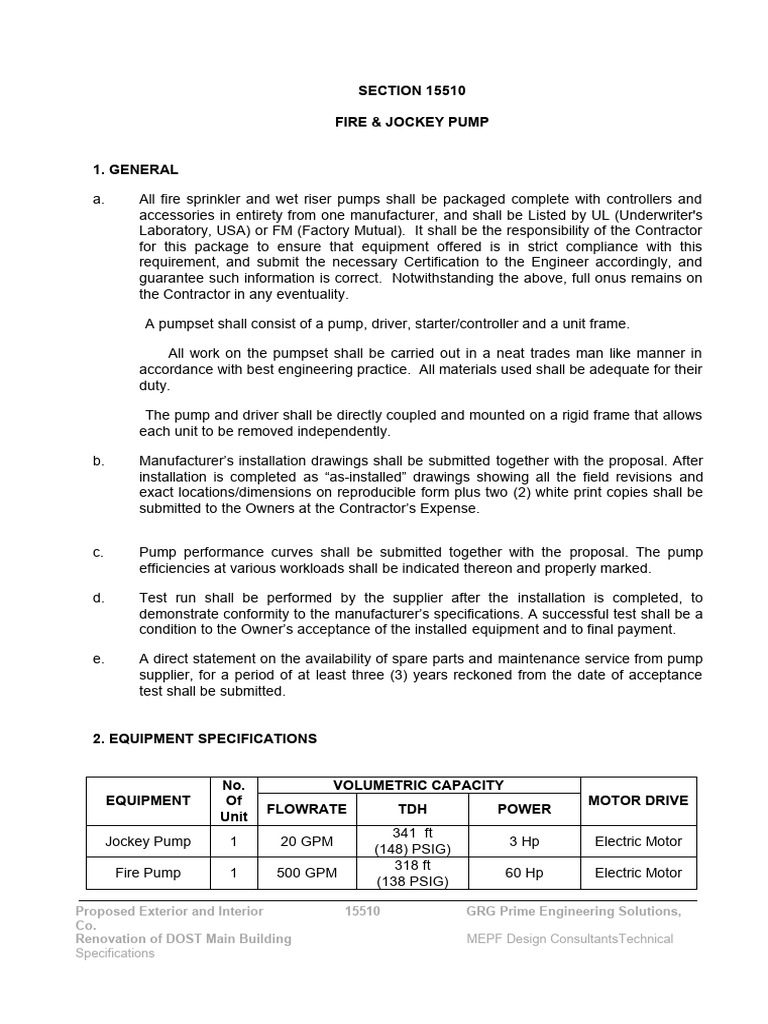 Section 15510 - Fire Protection System (Fire Pump & Jockey Pump) | PDF ...