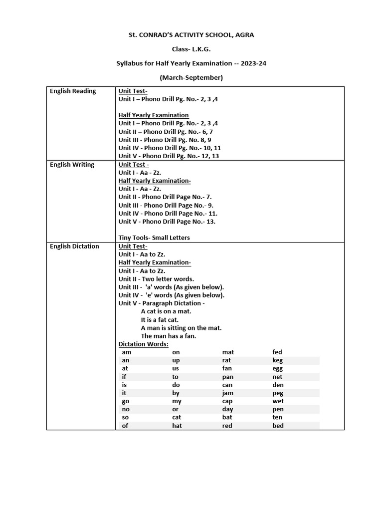 LKG Half Yearly Syllabus 2023-24 | PDF | Language Arts & Discipline