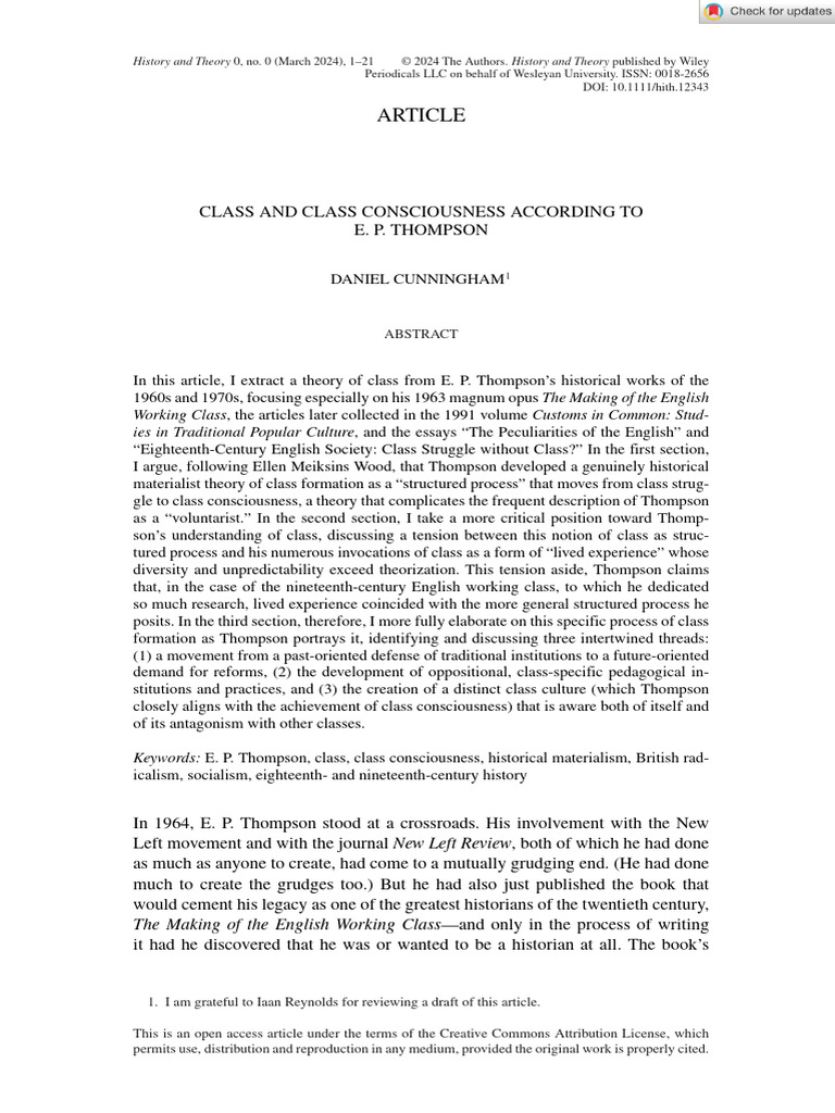 E. P. Thompson's Class Theory Explained | PDF | Experience | Class Conflict
