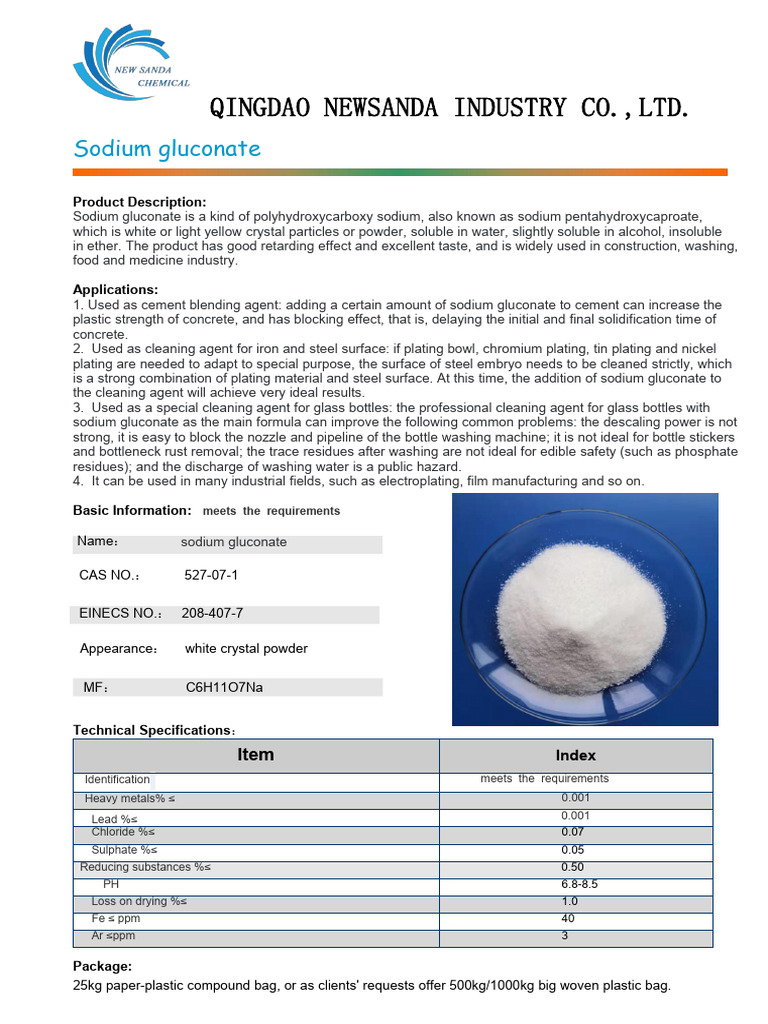 Sodium Gluconate: Uses and Specifications | PDF | Sodium | Concrete