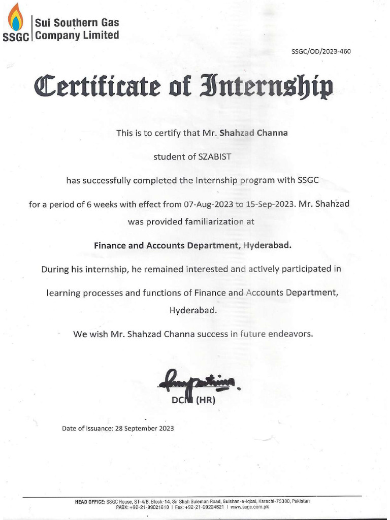 SSGCL Internship Certificate | PDF