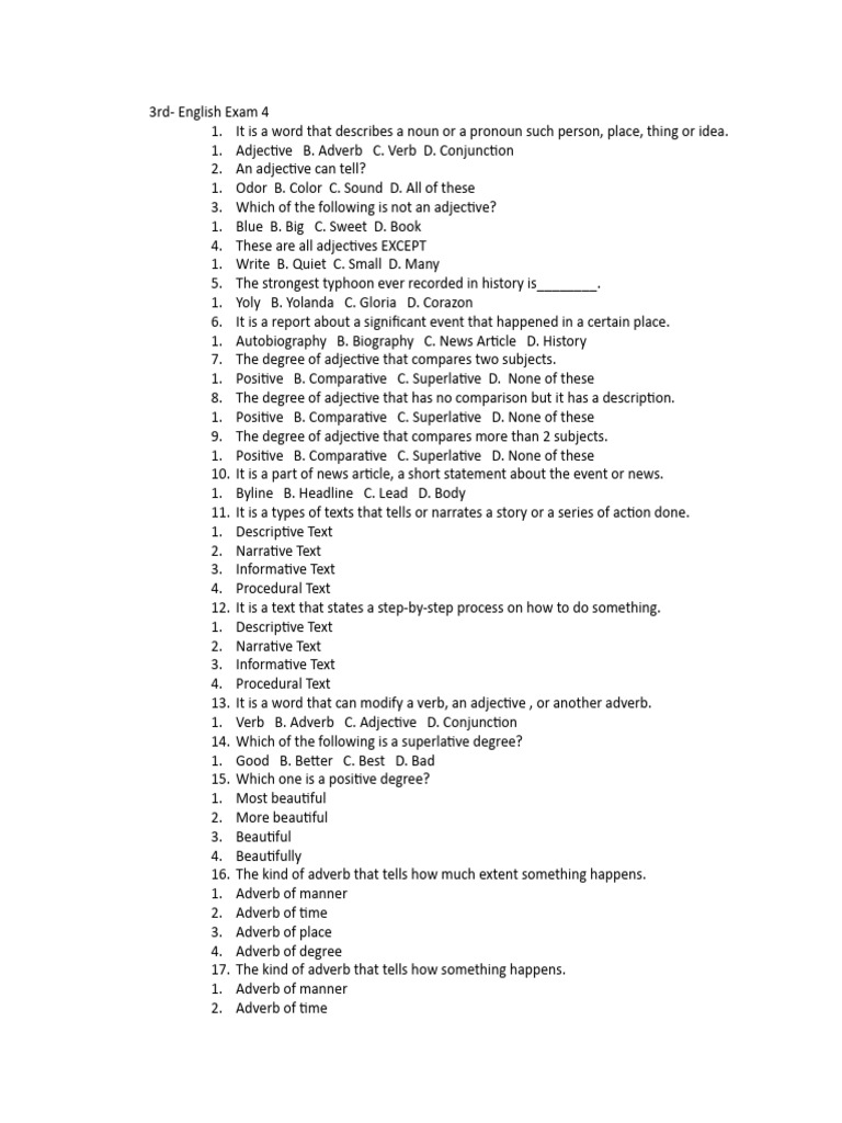 3rd Grade English Exam Questions | PDF | Adjective | Adverb