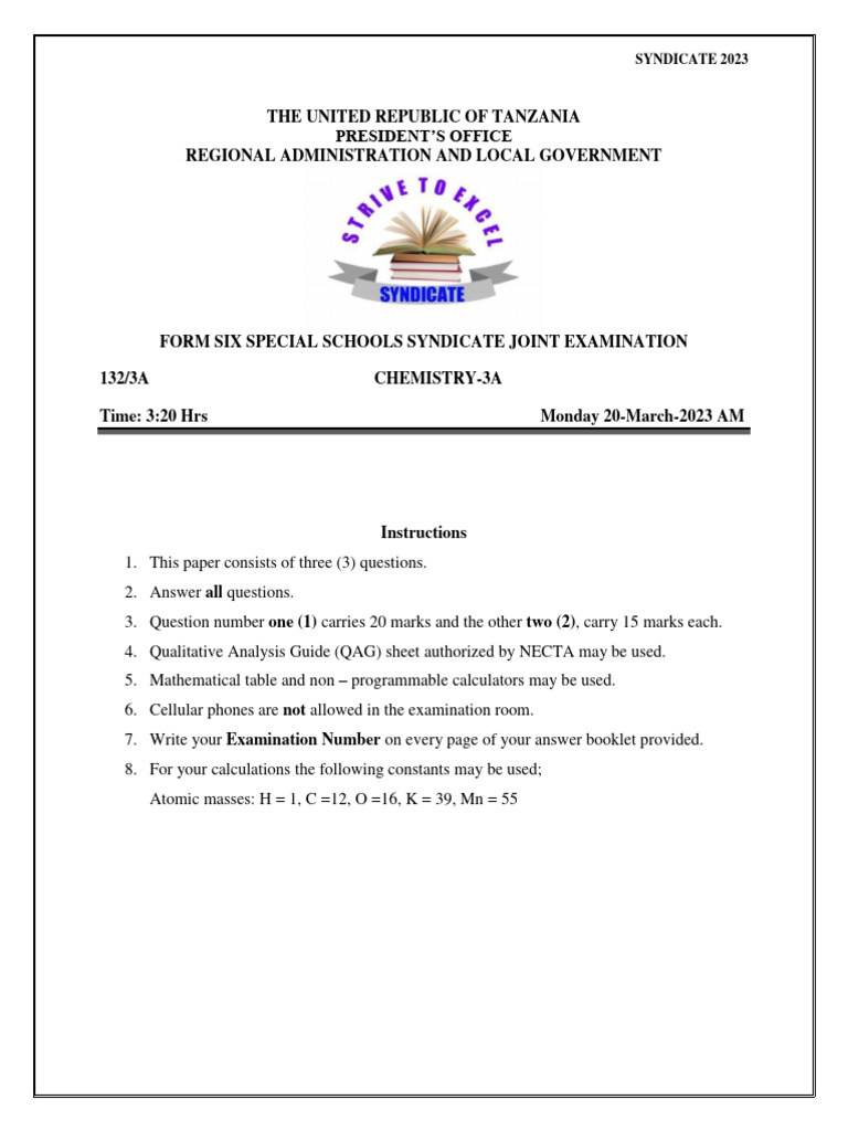 Chemistry 3A Exam Instructions 2023 | PDF | Titration | Chemistry