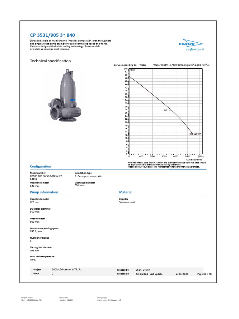 Xylem CP 3531/905 Pump Specifications | PDF | Electric Motor | Pump