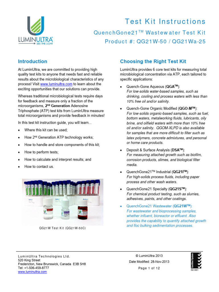 LuminUltra QG21W Test Kit Instructions EN PDF Anaerobic Digestion