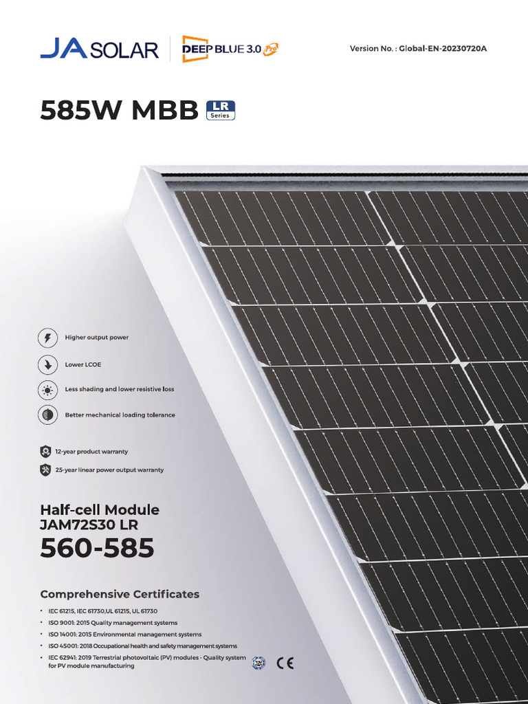 Panel Solar W Ja Solar Mono Perc HC Jam S LR 25060107 Techsheetsup | PDF