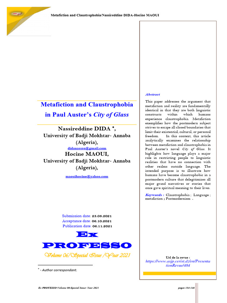 Metafiction and Claustrophobia in Paul Auster's City of Glass PDF