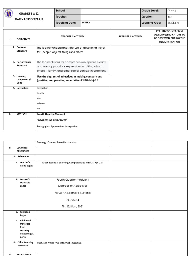 Grade 3 English Lesson Plan: Adjectives | PDF | Learning | Curriculum