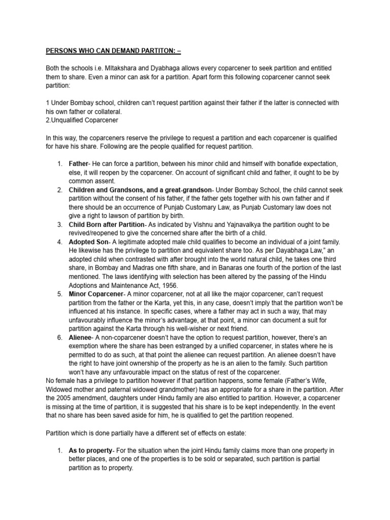 Partition under Hindu Law PDF Wife Partition Of India