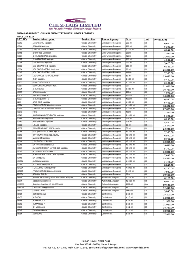 chemistry reagents REAGENTS PRICE LISTS 2024 PDF Cholesterol
