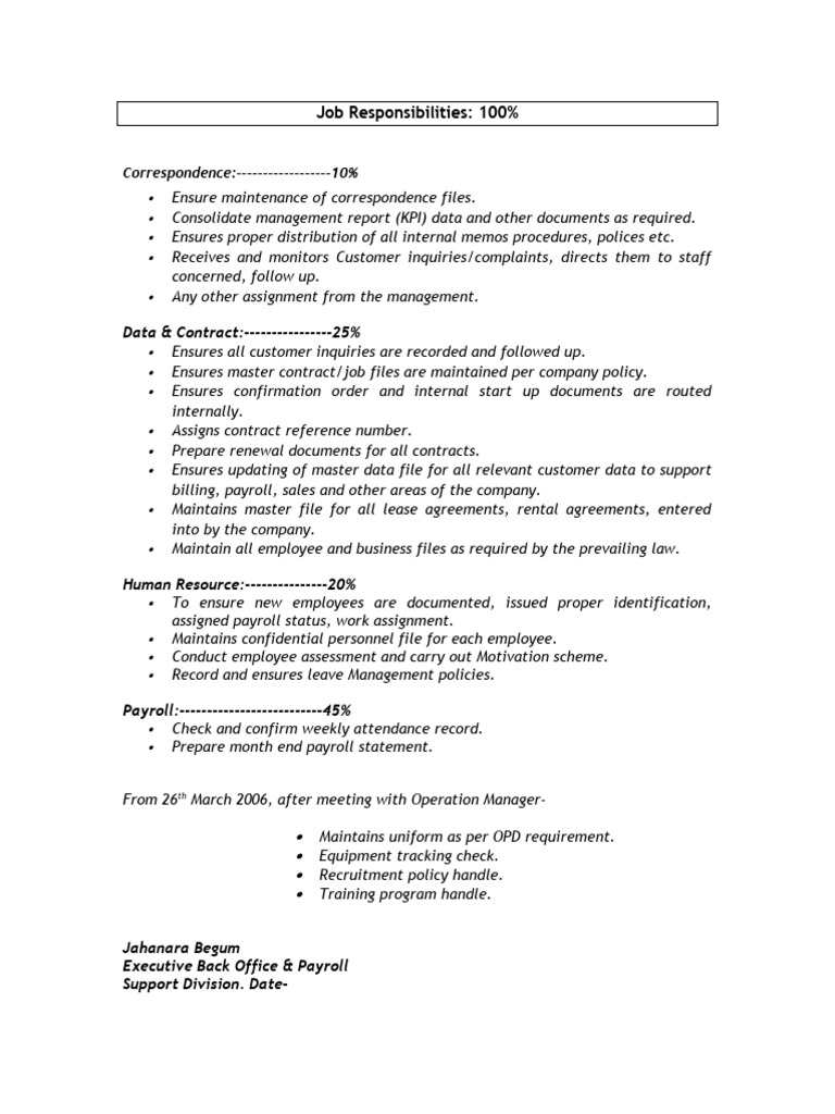 Back Office Coordinator Job Responsibilities | PDF | Employment | Payroll