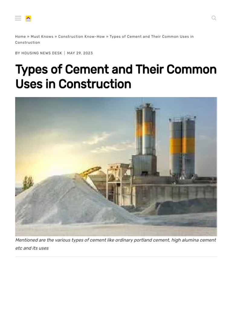 Types of Cement and Their Common Uses in Construction | PDF | Concrete ...
