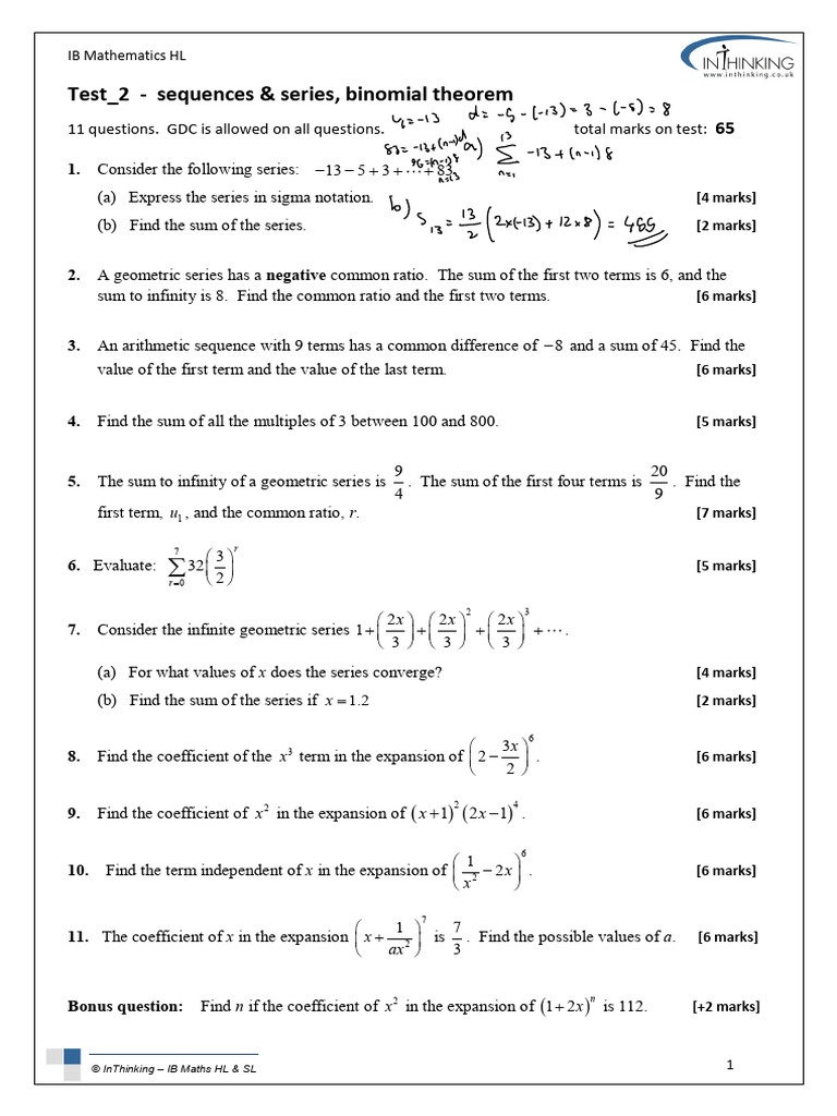 Test2 HL Seq Series Bin THM v1 (COMPLETED) | PDF | Summation | Mathematics