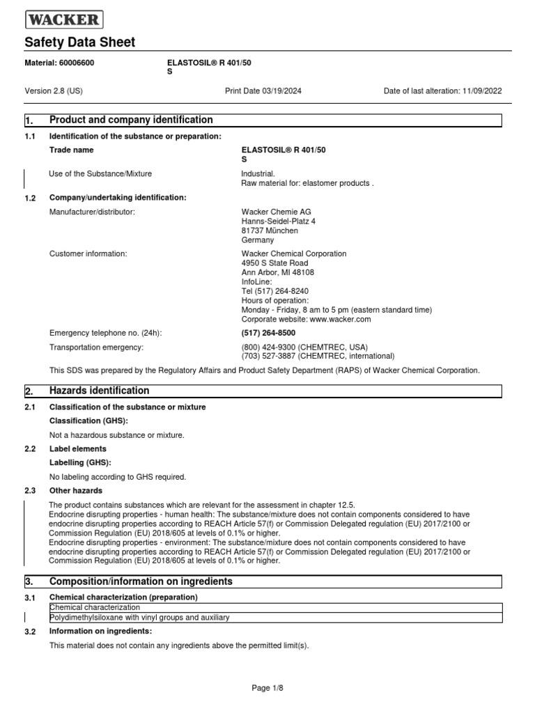 Elastosil R 40150 Sds PDF Occupational Safety And Health Safety