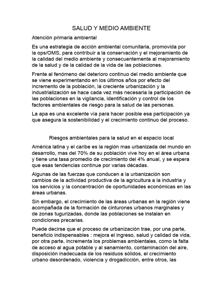 Salud y Medio Ambiente | PDF | Urbanización | Contaminación