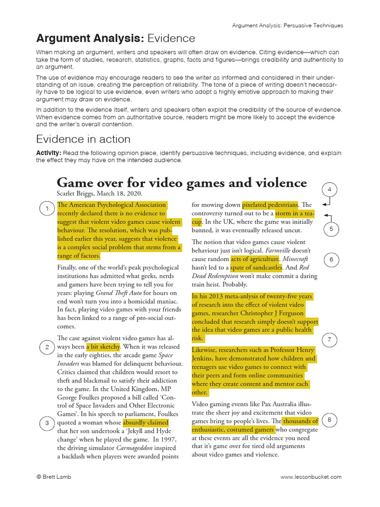 Argument Analysis Game Over For Video Games and Violence PDF
