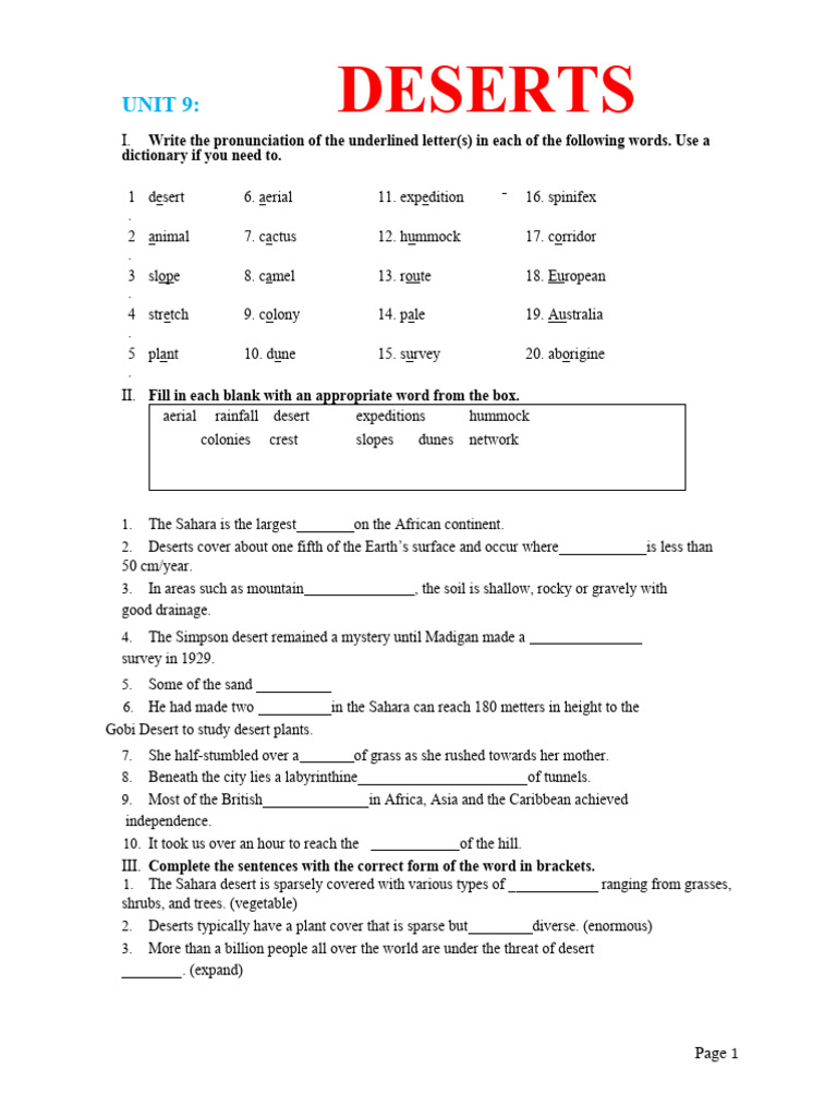 Onluyen VN BÃ I Táº P Unit 9 Deserts Mã N Tiáº¿ng Anh Lá P 12 Cã Ä