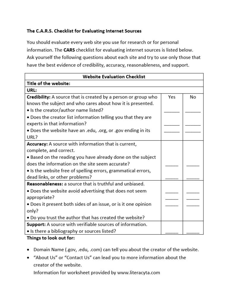 C.A.R.S. Checklist for Website Evaluation | PDF