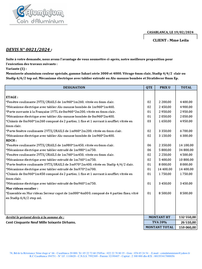 Devis Menuiserie Aluminium Maroc 2024 | PDF | Fenêtre | Applications du ...