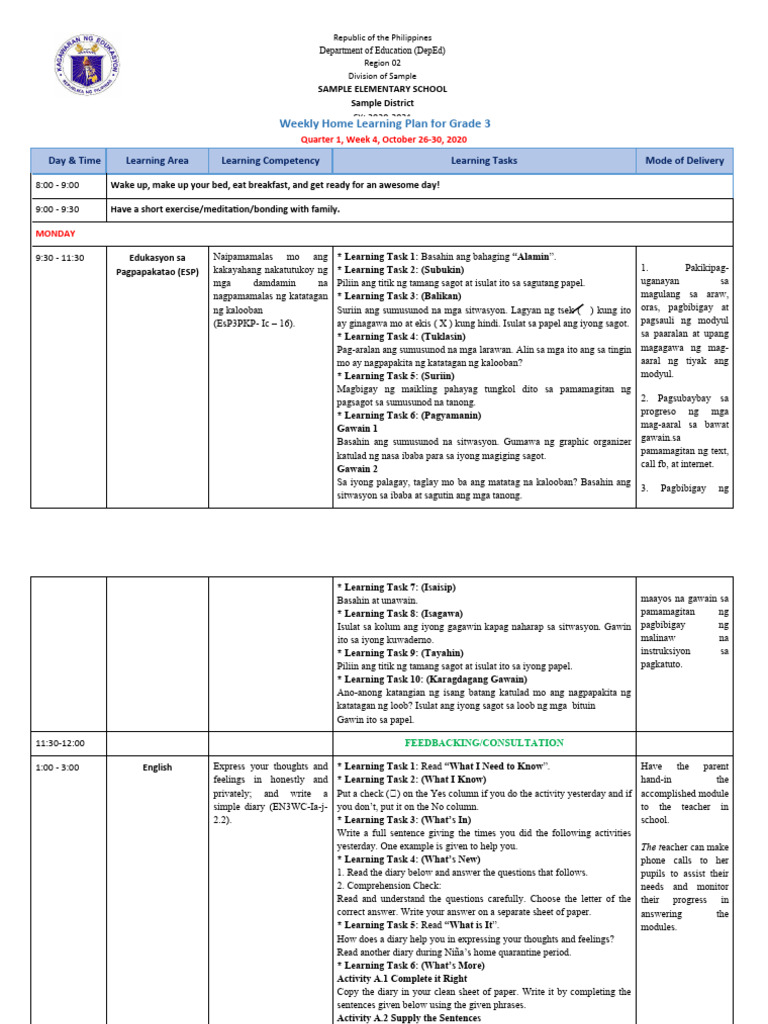 Grade 3 - All Subjects - WHLP - Q1 - W4 | PDF