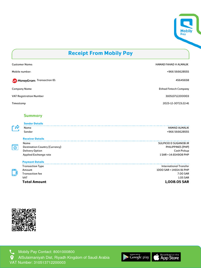 Receipt From Mobily Pay: Total Amount 1,008.05 SAR | PDF