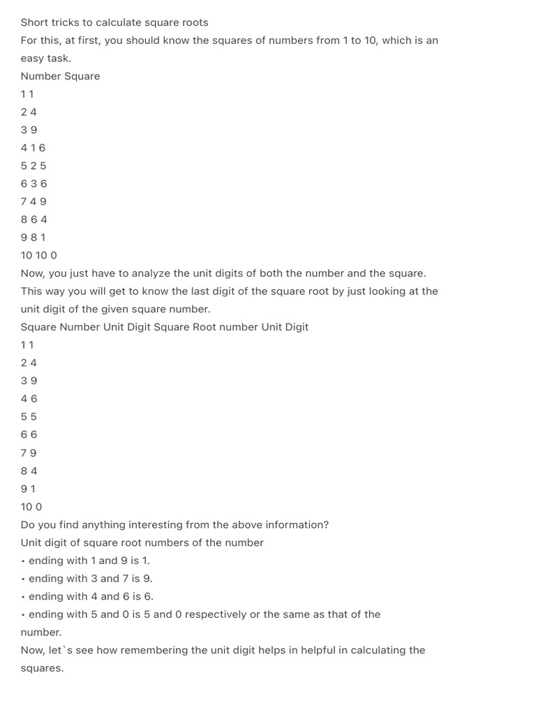 Quick Square Root Tricks | PDF | Numbers | Mathematics