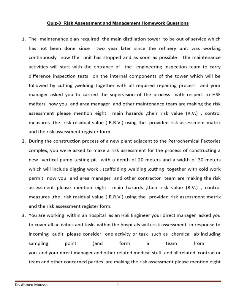 Quiz 8risk Assessment - Homework Questions After Modification | PDF ...