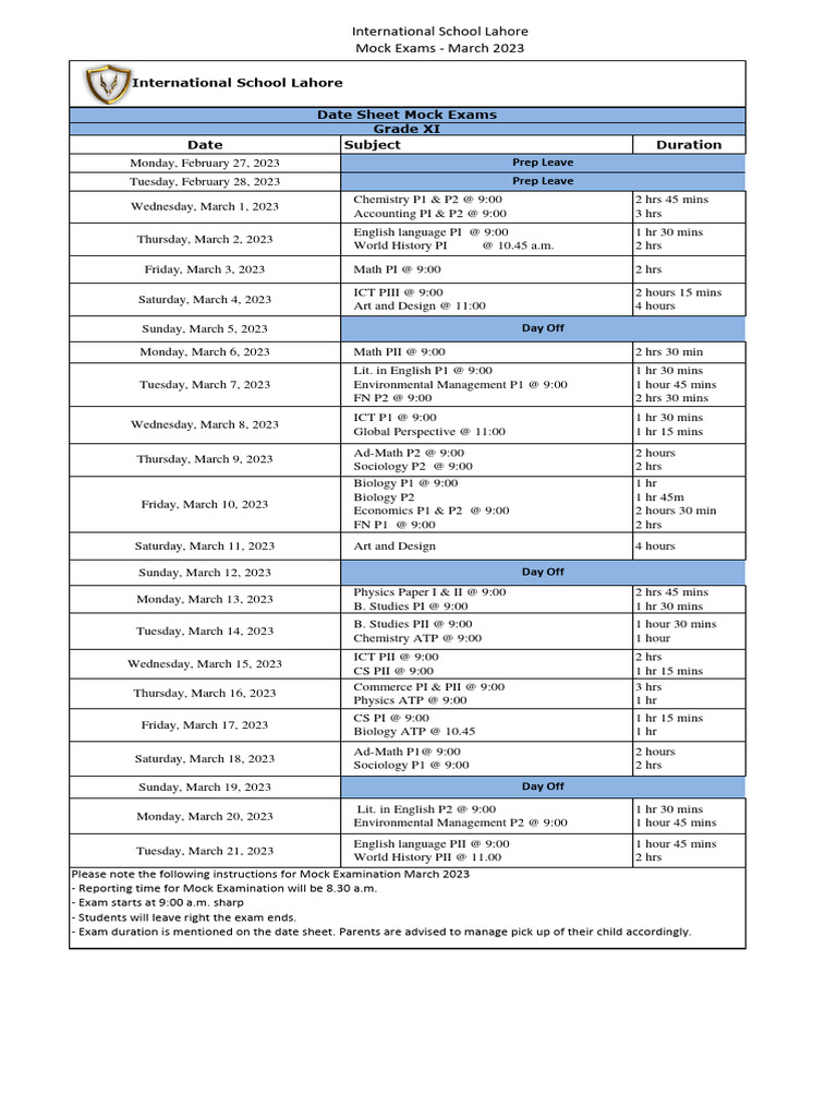 Mock Exam Schedule March 2023 | PDF