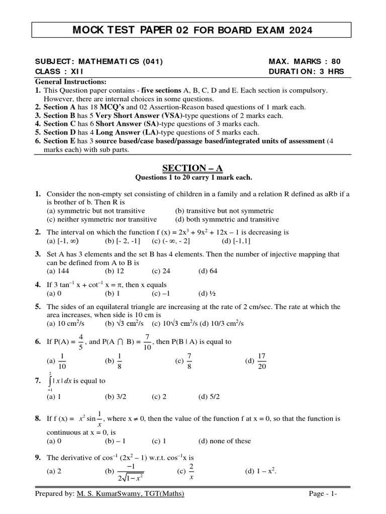 Maths Class XII Mock Test Paper 02 For Board Exam 2024 | PDF