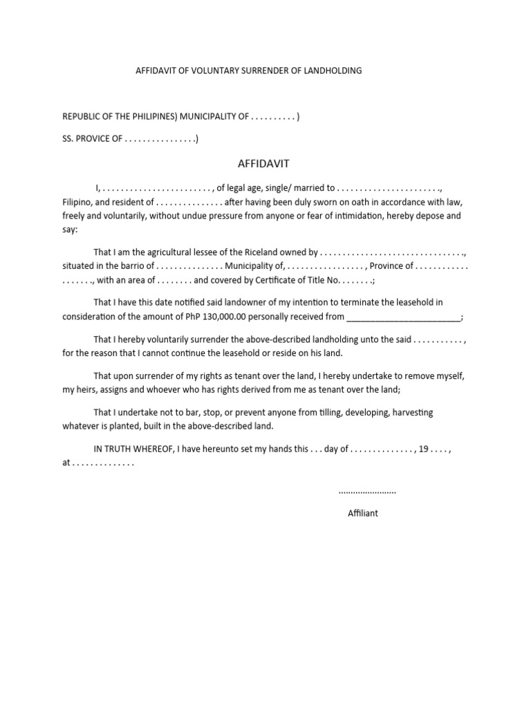 Affidavit for Voluntary Land Surrender | PDF | Law
