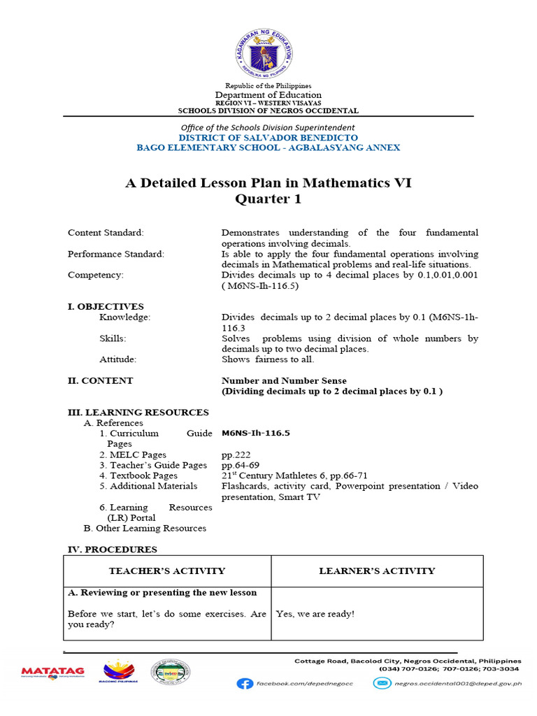 Detailed Math Lesson Plan: Dividing Decimals | PDF | Learning | Teachers