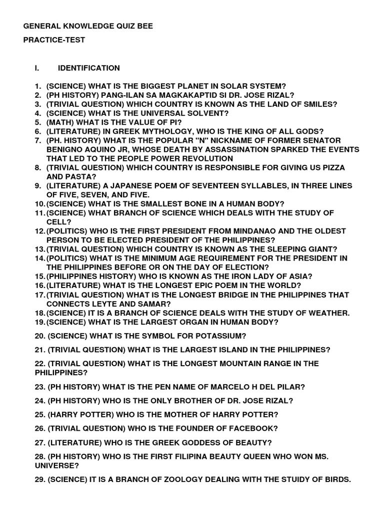GENERAL KNOWLEDGE QUIZ BEE Practice Test PDF Chemical Elements Metals