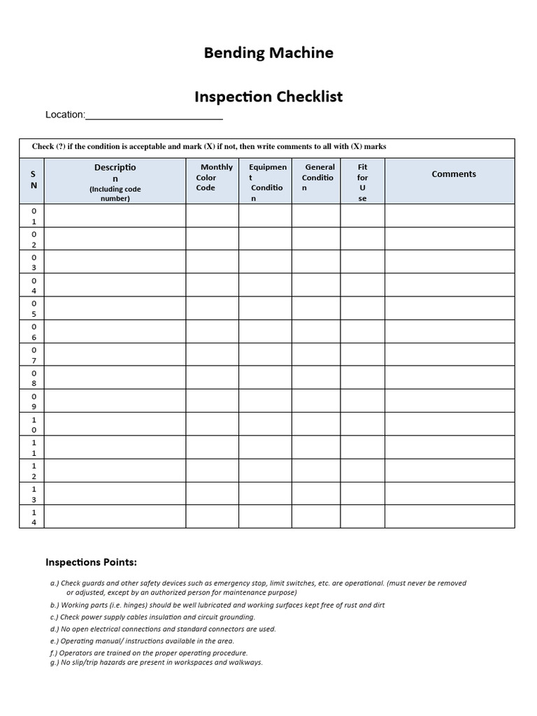 Bar Bending Machine Maintenance Checklist
