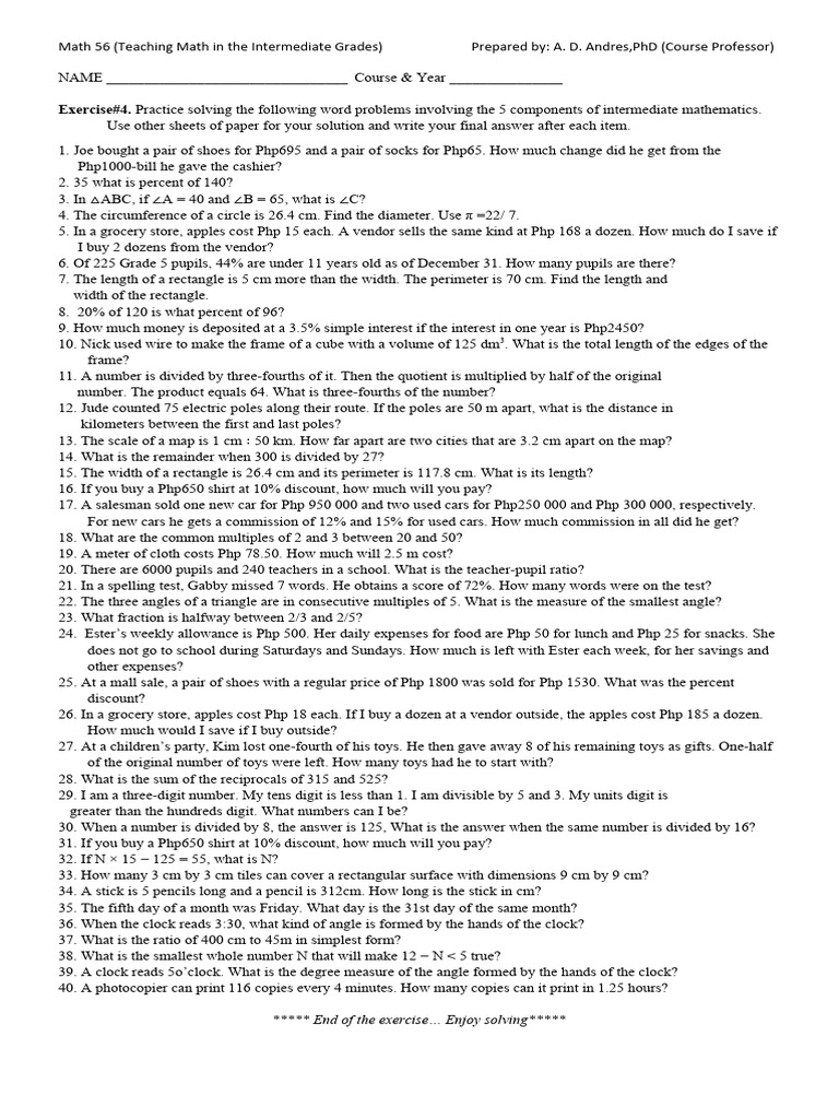 Intermediate Math Word Problems Practice | PDF | Length | Mathematics