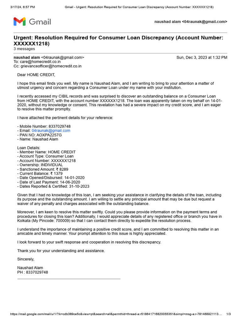 Gmail Urgent Resolution Required For Consumer Loan Discrepancy 