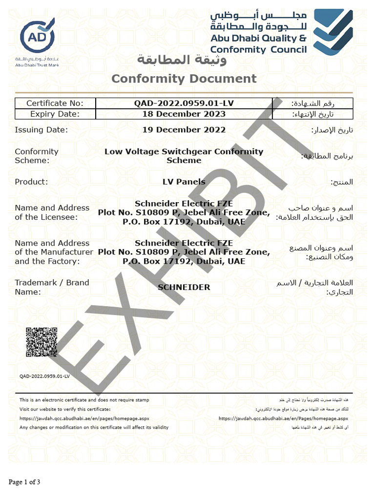 Abu Dhabi Conformity Certificate QAD-2022 | PDF | Electric Power ...