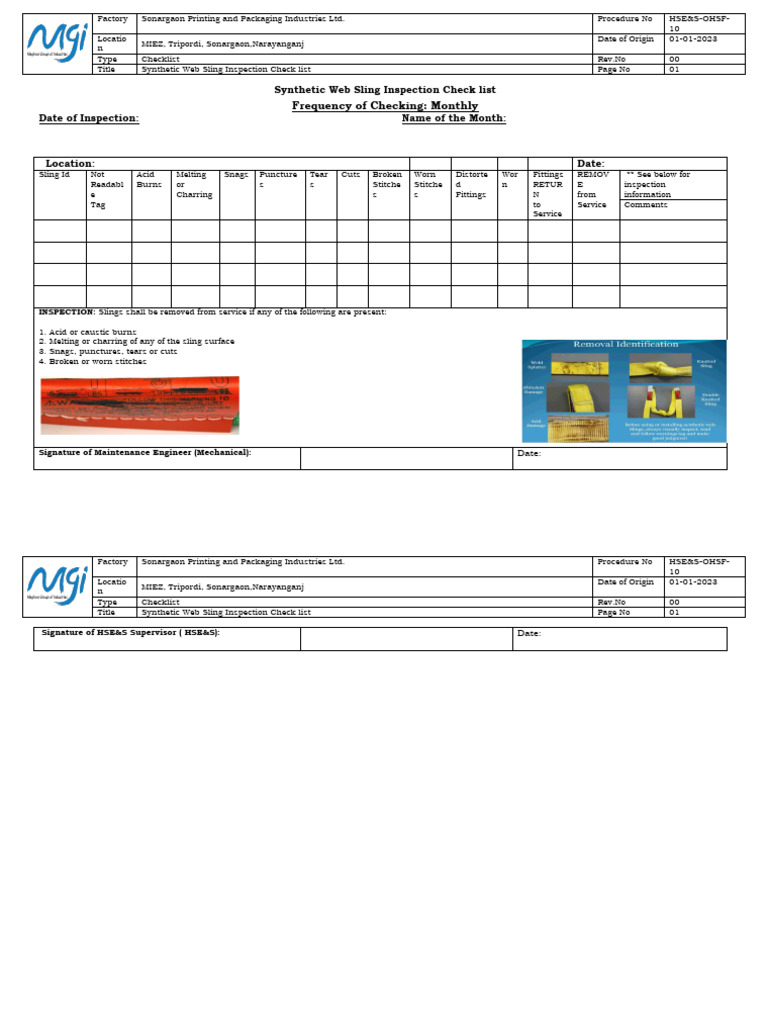Work Organization Synthetic  Sling Inspection ChecklistHSE&SOHSF
