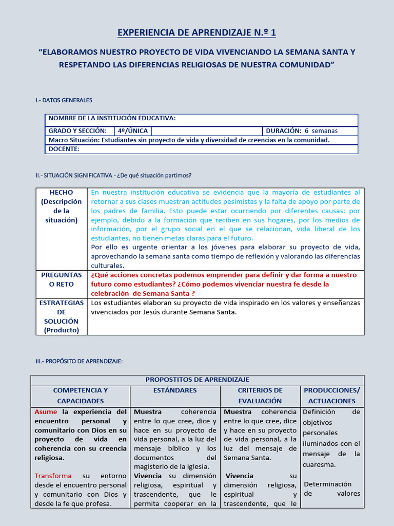 EXPERIENCIA DE APRENDIZAJE 4°grado | Descargar gratis PDF | Fe | Evaluación