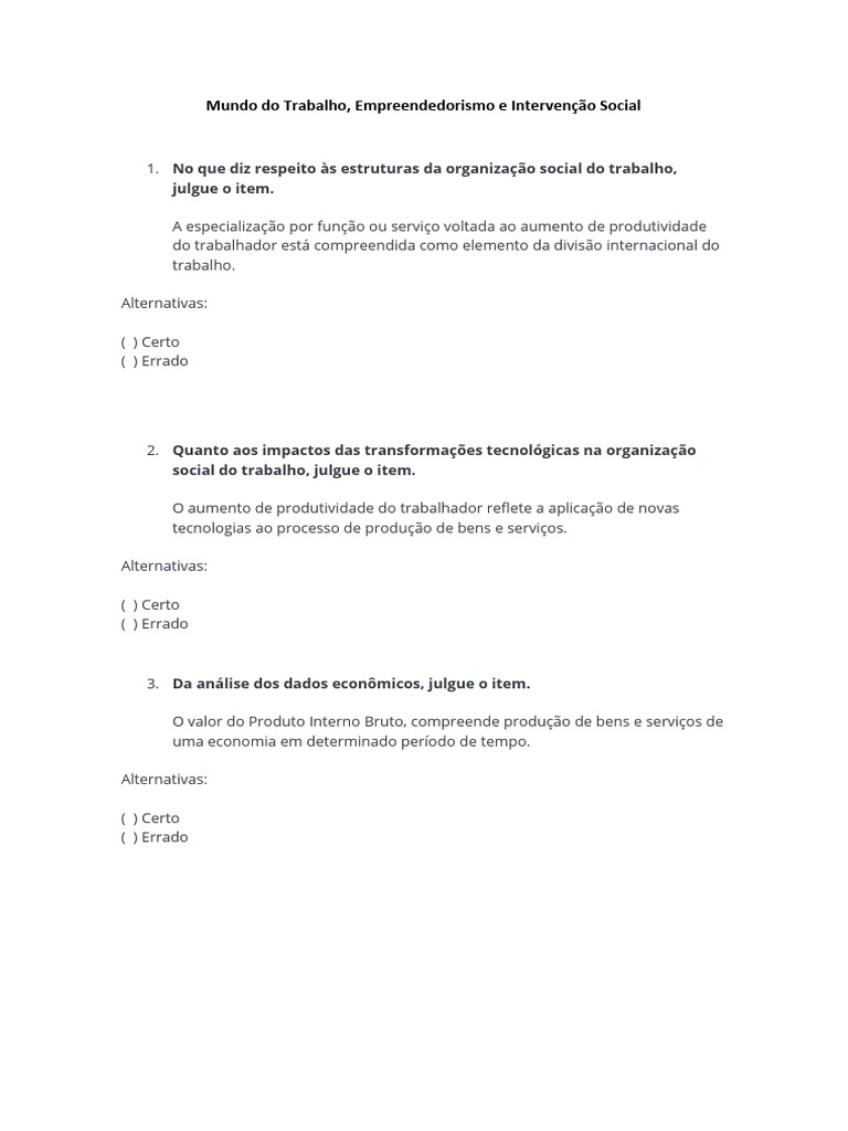 Questões sobre Mundo do Trabalho | PDF | Economia | Gestão de recursos ...
