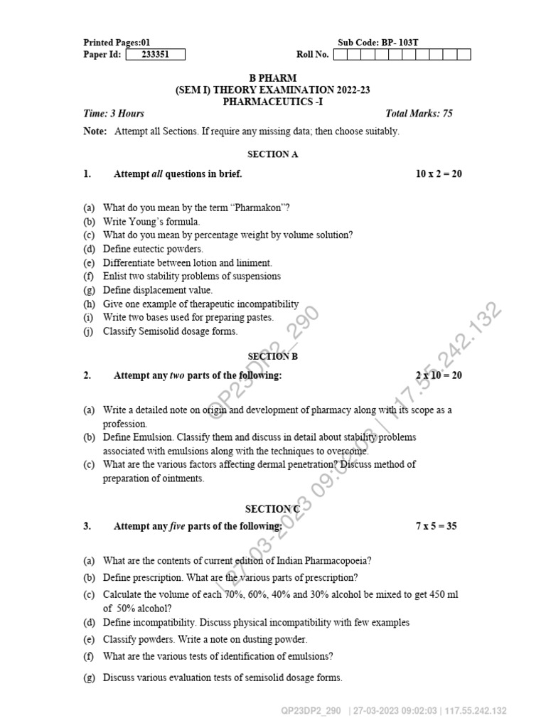 Bpharm 1 Sem Pharmaceutics 1 Bp 103t 2023 | PDF | Topical Medication ...