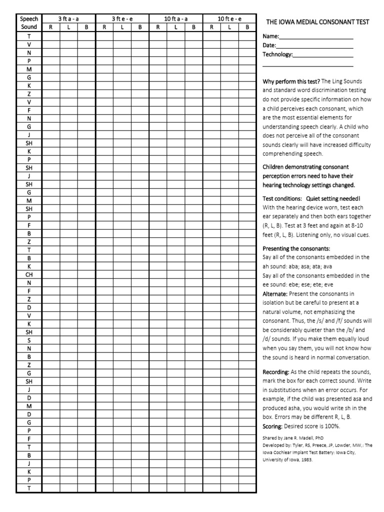 Iowa Medial Consonant Test Guide | PDF | Sound | Speech