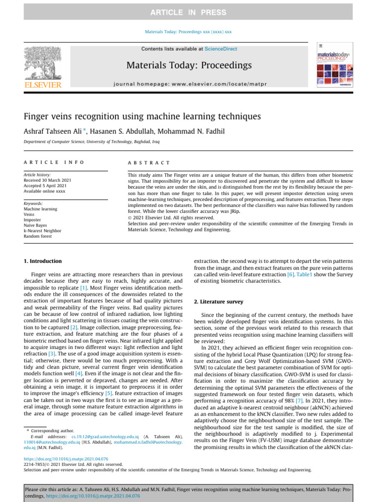 Machine Learning for Finger Vein Recognition | PDF | Sensitivity And ...