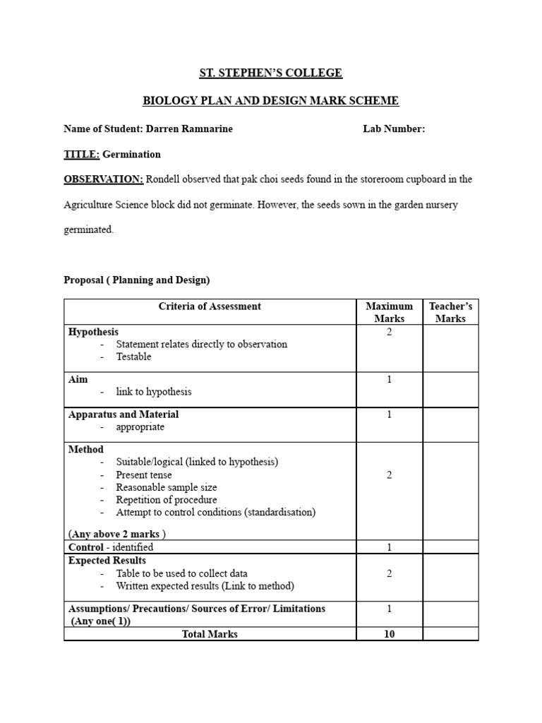 Biology Plan and Design Lab Darren Ramnarine PDF Seed Germination