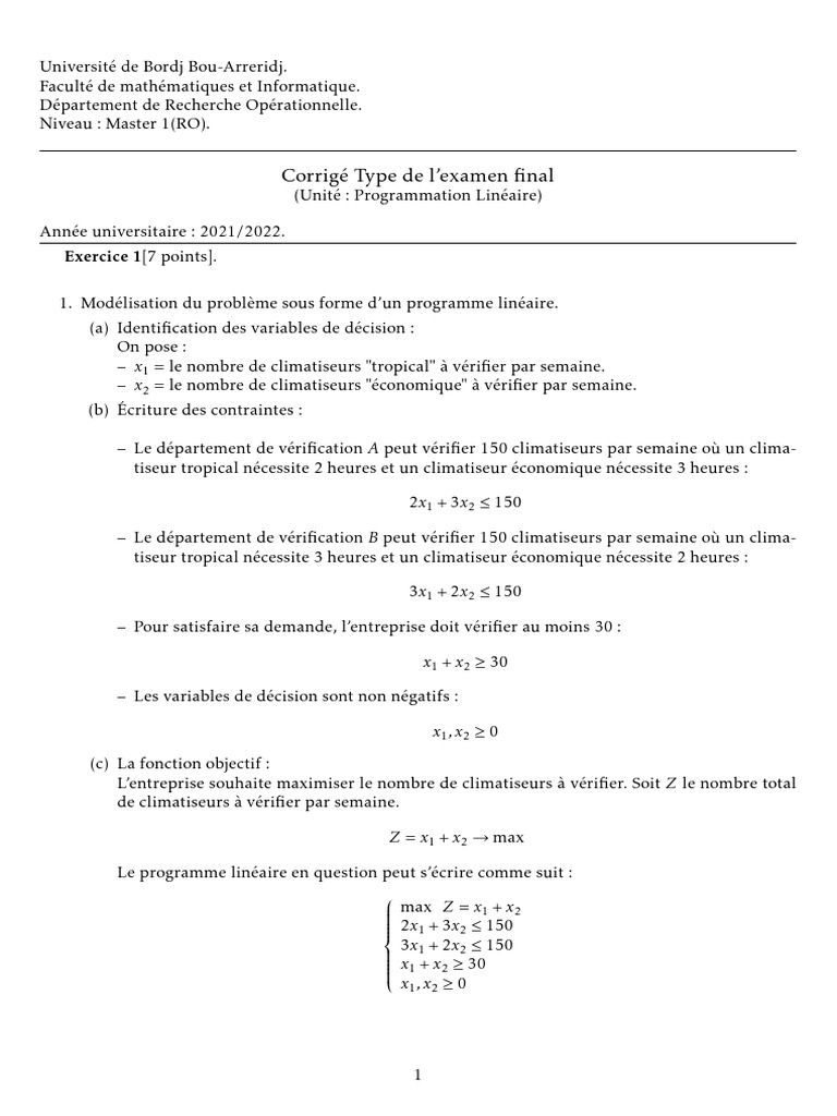 Examen de Programmation Linéaire Corrigé | PDF | Optimisation linéaire ...