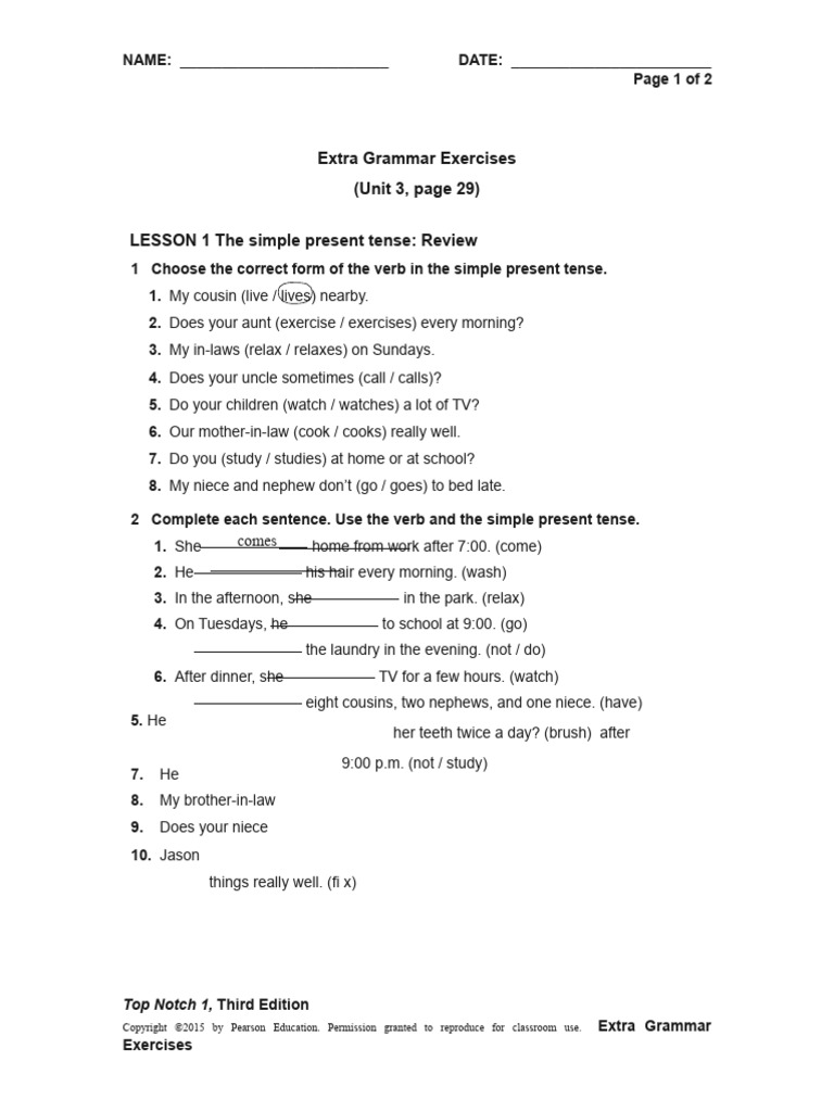 Extra Grammar Exercises (Unit 3, Page 29) LESSON 1 The Simple Present ...