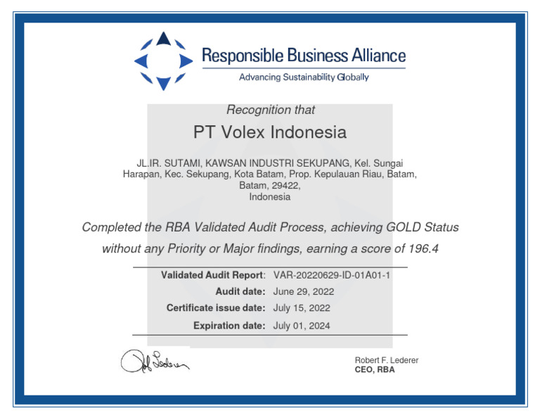 RBA Audit Certification for PT Volex | PDF