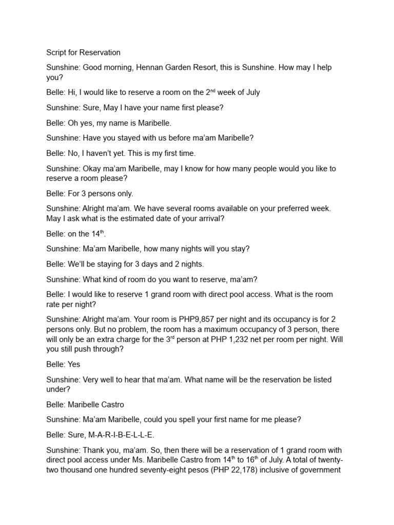 Script For Reservation Hennan Garden Resort | PDF | Credit Card | Payments