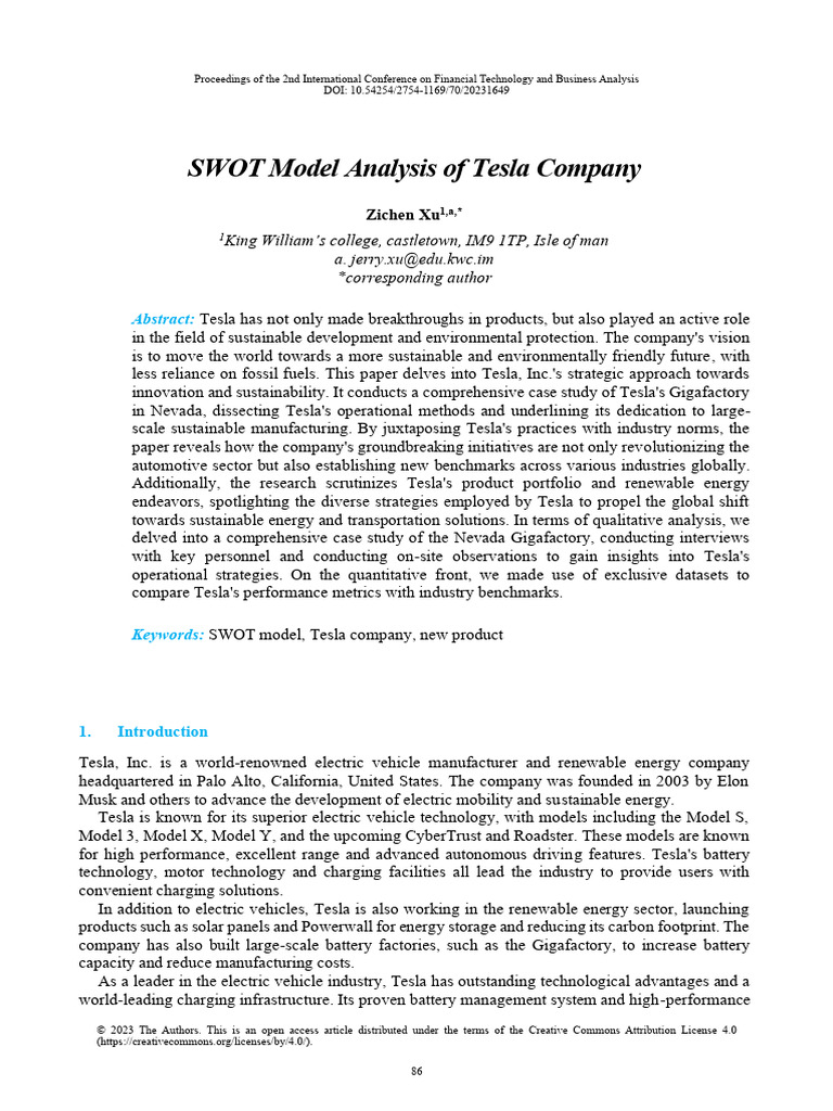 Tesla SWOT Analysis: Innovation & Sustainability | PDF | Electric ...