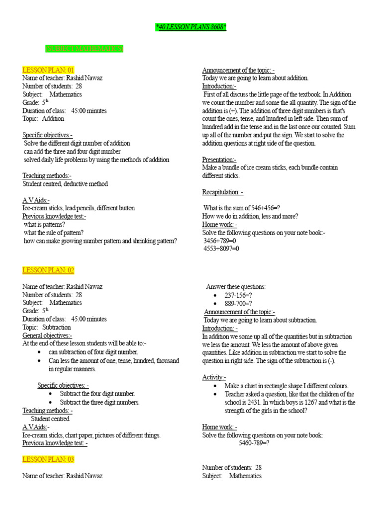 40 Mathematics Lesson Plans for Grade 5 | PDF | Food Web | Lesson Plan