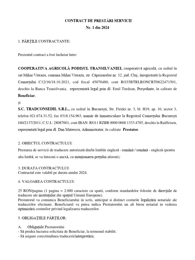 Contract de Prestari Servici Traduceri - Cooperativa Agricola | PDF